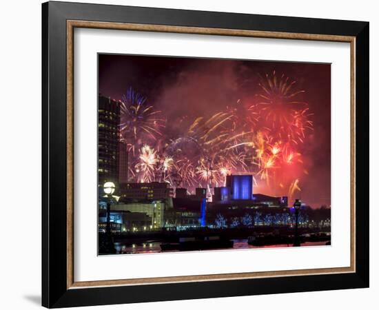 Fireworks over the South Bank, London, England, United Kingdom-Charles Bowman-Framed Photographic Print