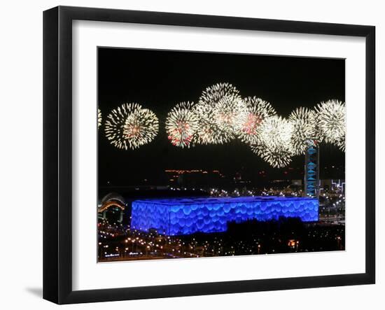 Fireworks over Water Cube, 2008 Summer Olympics, Beijing, China-null-Framed Photographic Print