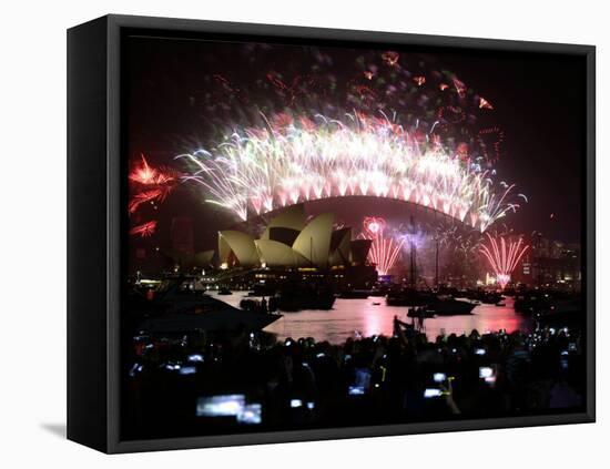 Fireworks That Flash Above Sydney Harbour Bridge and Opera House During New Year Celebrations-null-Framed Premier Image Canvas