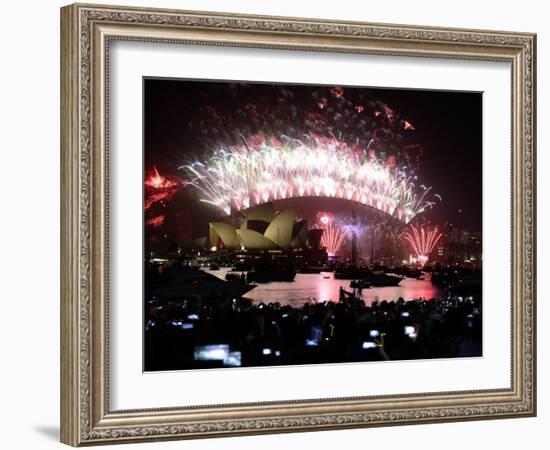 Fireworks That Flash Above Sydney Harbour Bridge and Opera House During New Year Celebrations-null-Framed Photographic Print