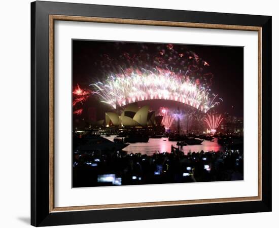 Fireworks That Flash Above Sydney Harbour Bridge and Opera House During New Year Celebrations-null-Framed Photographic Print