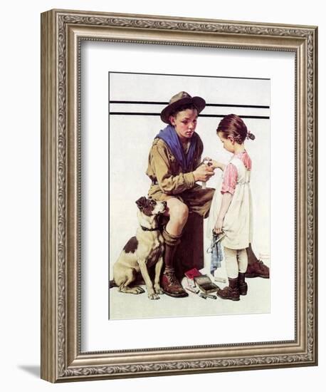 First Aid Lesson (or Scout Bandaging Girl’s Finger)-Norman Rockwell-Framed Giclee Print