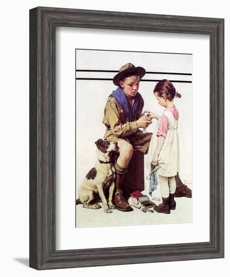 First Aid Lesson (or Scout Bandaging Girl’s Finger)-Norman Rockwell-Framed Giclee Print