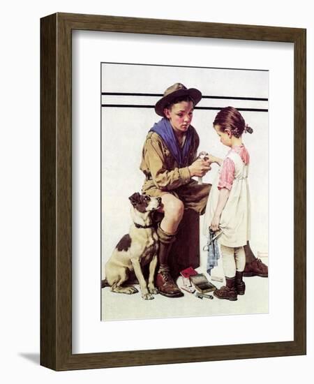 First Aid Lesson (or Scout Bandaging Girl’s Finger)-Norman Rockwell-Framed Giclee Print