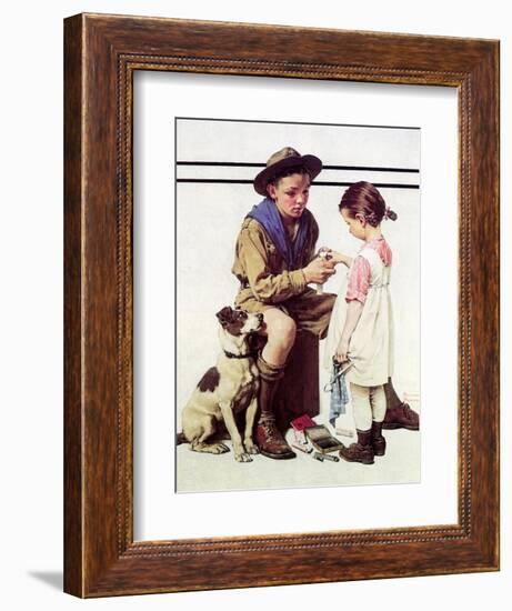 First Aid Lesson (or Scout Bandaging Girl’s Finger)-Norman Rockwell-Framed Giclee Print