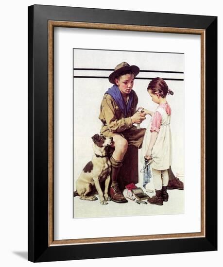 First Aid Lesson (or Scout Bandaging Girl’s Finger)-Norman Rockwell-Framed Giclee Print