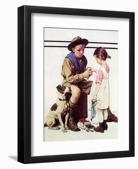 First Aid Lesson (or Scout Bandaging Girl’s Finger)-Norman Rockwell-Framed Giclee Print