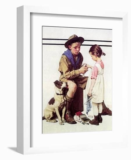 First Aid Lesson (or Scout Bandaging Girl’s Finger)-Norman Rockwell-Framed Giclee Print