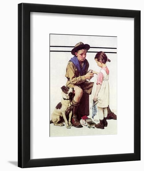 First Aid Lesson (or Scout Bandaging Girl’s Finger)-Norman Rockwell-Framed Giclee Print