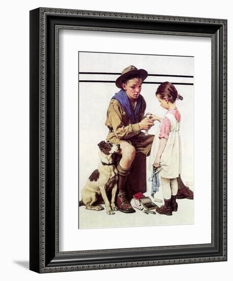 First Aid Lesson (or Scout Bandaging Girl’s Finger)-Norman Rockwell-Framed Giclee Print