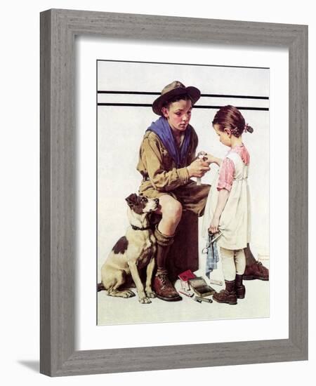 First Aid Lesson (or Scout Bandaging Girl’s Finger)-Norman Rockwell-Framed Giclee Print