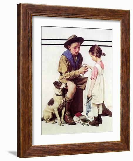 First Aid Lesson (or Scout Bandaging Girl’s Finger)-Norman Rockwell-Framed Giclee Print