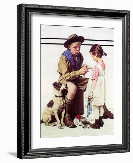 First Aid Lesson (or Scout Bandaging Girl’s Finger)-Norman Rockwell-Framed Giclee Print