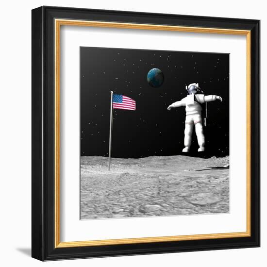 First Astronaut on the Moon Floating Next to American Flag-null-Framed Art Print