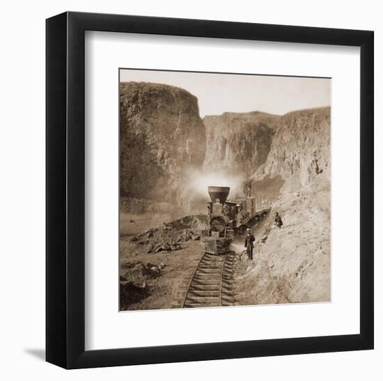 First Construction Train passing the Palisades, Ten Mile Cañon, Nevada, 1866-1869-Alfred A^ Hart-Framed Art Print