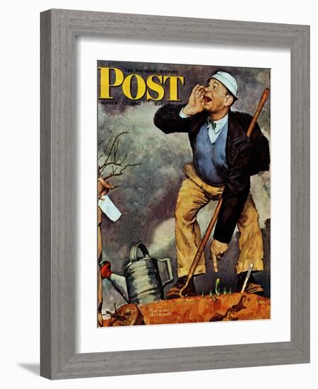 "First Flower" or "First Crocus" Saturday Evening Post Cover, March 22,1947-Norman Rockwell-Framed Giclee Print