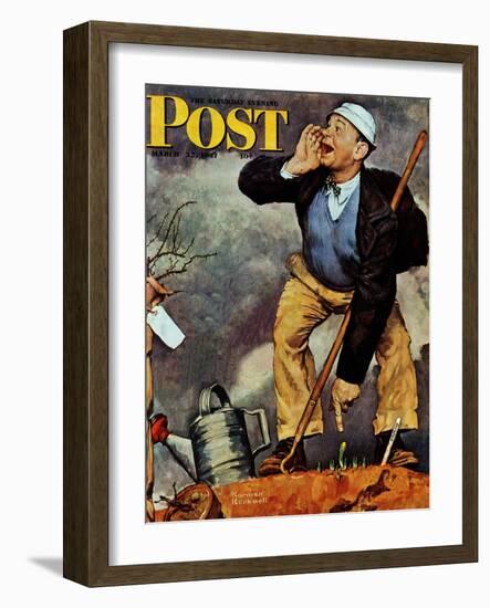 "First Flower" or "First Crocus" Saturday Evening Post Cover, March 22,1947-Norman Rockwell-Framed Giclee Print