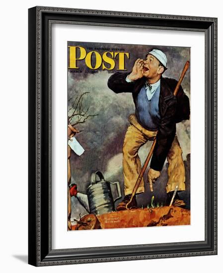 "First Flower" or "First Crocus" Saturday Evening Post Cover, March 22,1947-Norman Rockwell-Framed Giclee Print