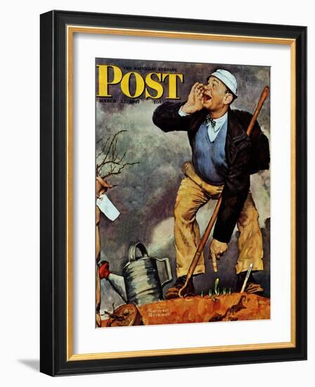 "First Flower" or "First Crocus" Saturday Evening Post Cover, March 22,1947-Norman Rockwell-Framed Giclee Print