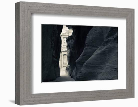 First glimpse of the red sandstone walls of Al-Khazneh (the Treasury), viewed through the narrow...-null-Framed Photographic Print