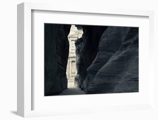 First glimpse of the red sandstone walls of Al-Khazneh (the Treasury), viewed through the narrow...-null-Framed Photographic Print