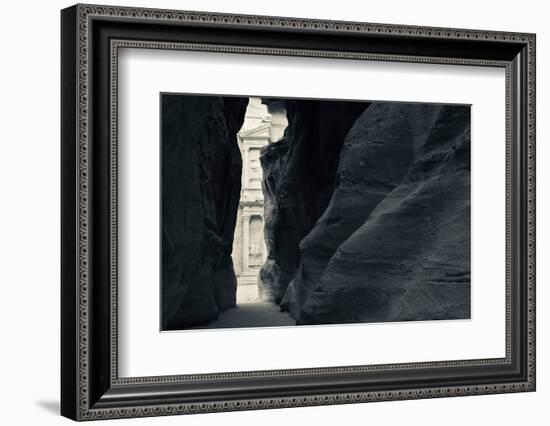 First glimpse of the red sandstone walls of Al-Khazneh (the Treasury), viewed through the narrow...-null-Framed Photographic Print