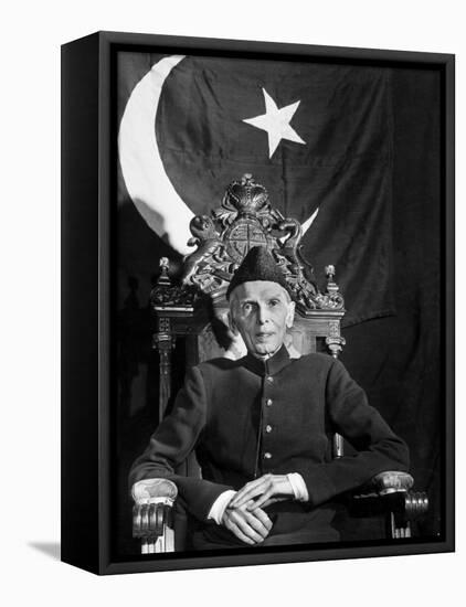 First Gov. Gen. of Independent Pakistan Mohammed Ali Jinnah Sitting in Front of Pakistani Flag-Margaret Bourke-White-Framed Premier Image Canvas