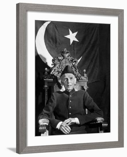 First Gov. Gen. of Independent Pakistan Mohammed Ali Jinnah Sitting in Front of Pakistani Flag-Margaret Bourke-White-Framed Photographic Print