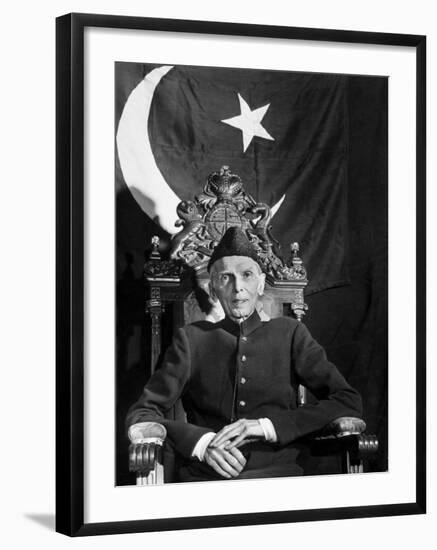 First Gov. Gen. of Independent Pakistan Mohammed Ali Jinnah Sitting in Front of Pakistani Flag-Margaret Bourke-White-Framed Photographic Print