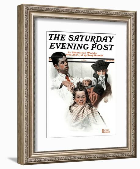 "First Haircut" Saturday Evening Post Cover, August 10,1918-Norman Rockwell-Framed Giclee Print