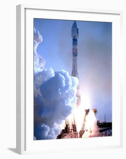 First in Europe's Galileo Satellite Navigation Program Blasts Off at the Baikonur Cosmodrome-null-Framed Photographic Print