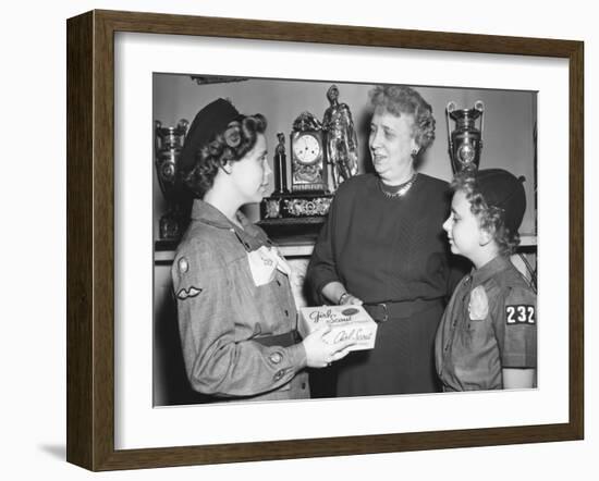 First Lady Bess Truman Purchases the First Box of Cookies to Start the Annual Girl Scout Fundraiser-null-Framed Photo