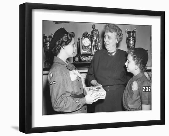 First Lady Bess Truman Purchases the First Box of Cookies to Start the Annual Girl Scout Fundraiser-null-Framed Photo