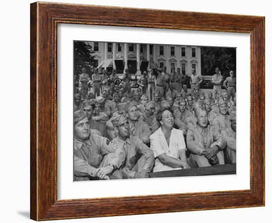 First Lady Eleanor Roosevelt, Singing with a Large Group of US Soldiers-null-Framed Photographic Print