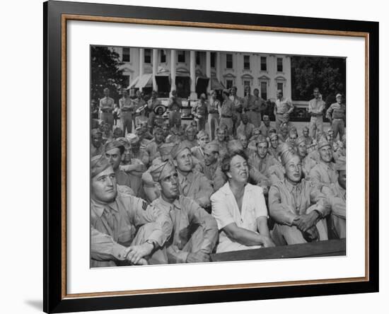 First Lady Eleanor Roosevelt, Singing with a Large Group of US Soldiers-null-Framed Photographic Print