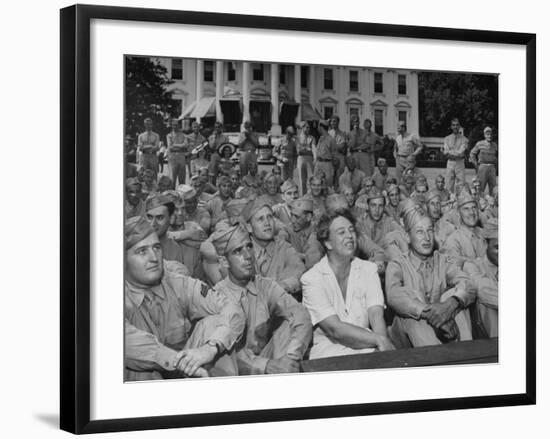 First Lady Eleanor Roosevelt, Singing with a Large Group of US Soldiers-null-Framed Photographic Print