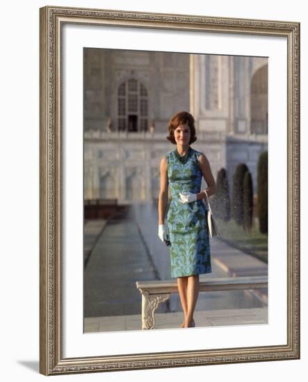 First Lady Jackie Kennedy Standing on the Grounds of the Taj Mahal During Visit to India-Art Rickerby-Framed Premium Photographic Print