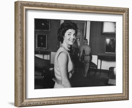 First Lady Jackie Kennedy Supervising Workman in Room at the White House-Ed Clark-Framed Photographic Print