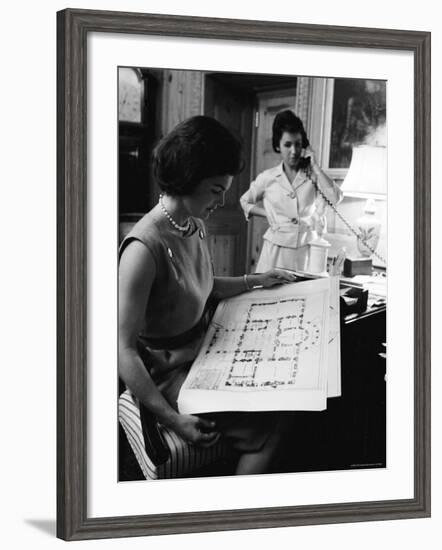 First Lady Jacqueline Kennedy Looking over Blueprints While Continuing to Redecorate White House-Ed Clark-Framed Photographic Print