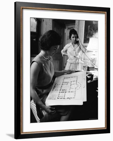 First Lady Jacqueline Kennedy Looking over Blueprints While Continuing to Redecorate White House-Ed Clark-Framed Photographic Print