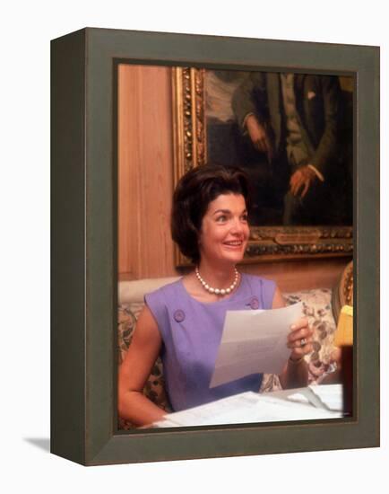 First Lady Jacqueline Kennedy Looking over Some Papers at the White House-Ed Clark-Framed Premier Image Canvas