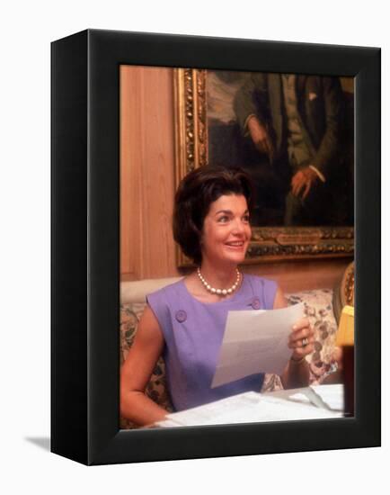 First Lady Jacqueline Kennedy Looking over Some Papers at the White House-Ed Clark-Framed Premier Image Canvas