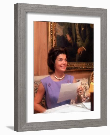 First Lady Jacqueline Kennedy Looking over Some Papers at the White House-Ed Clark-Framed Photographic Print