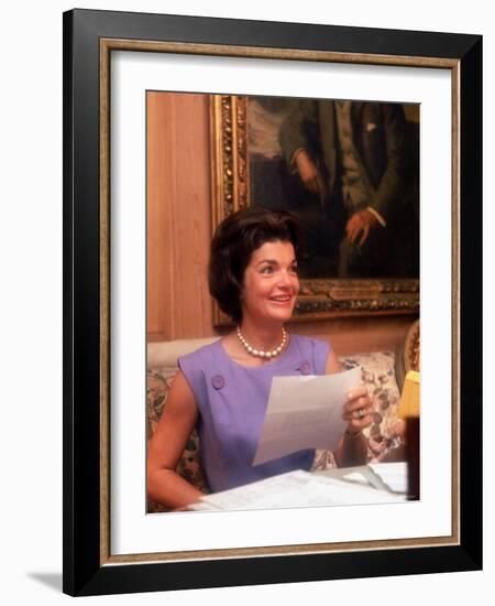 First Lady Jacqueline Kennedy Looking over Some Papers at the White House-Ed Clark-Framed Photographic Print