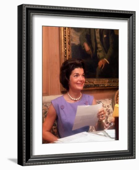 First Lady Jacqueline Kennedy Looking over Some Papers at the White House-Ed Clark-Framed Photographic Print