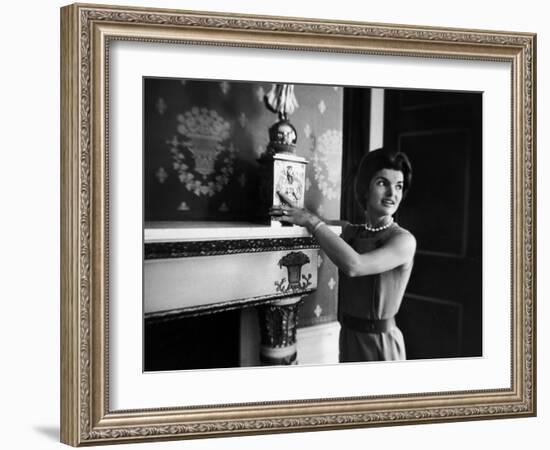 First Lady Jacqueline Kennedy Showing Off James Monroe Era Candelabrum in White House-Ed Clark-Framed Photographic Print