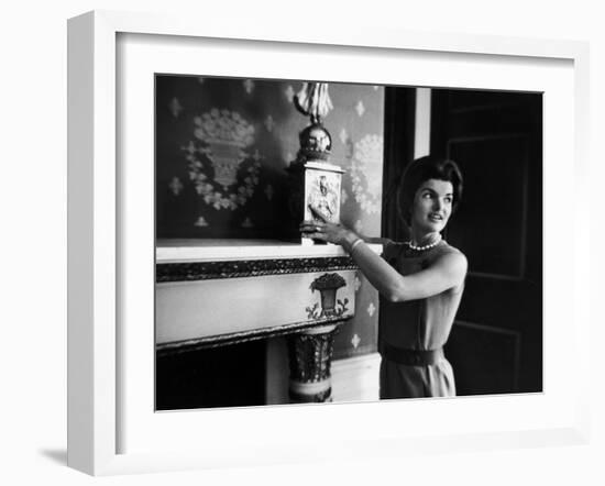 First Lady Jacqueline Kennedy Showing Off James Monroe Era Candelabrum in White House-Ed Clark-Framed Photographic Print
