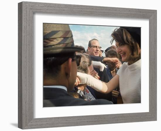 First Lady Jacqueline Kennedy with Husband Greeting Crowds at Airport During Campaign Tour of Texas-Art Rickerby-Framed Photographic Print