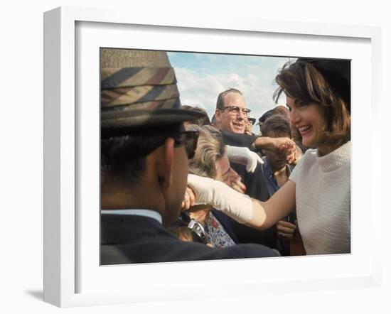 First Lady Jacqueline Kennedy with Husband Greeting Crowds at Airport During Campaign Tour of Texas-Art Rickerby-Framed Photographic Print