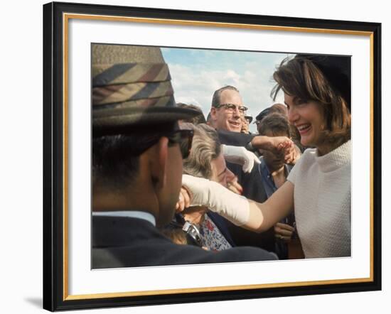 First Lady Jacqueline Kennedy with Husband Greeting Crowds at Airport During Campaign Tour of Texas-Art Rickerby-Framed Photographic Print